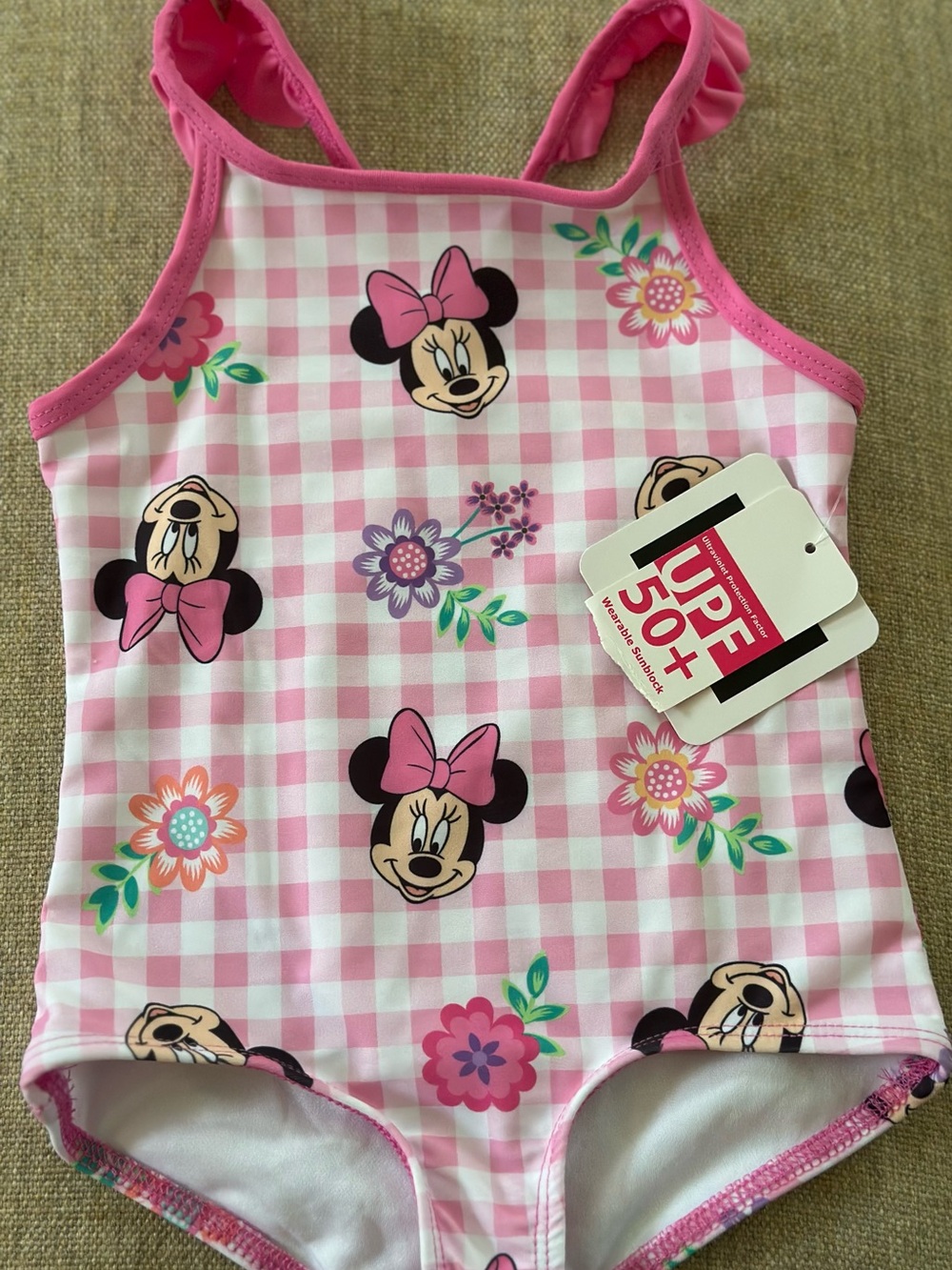 Disney Minnie Mouse Pink Gingham Floral One-Piece Girls Swimsuit NWT